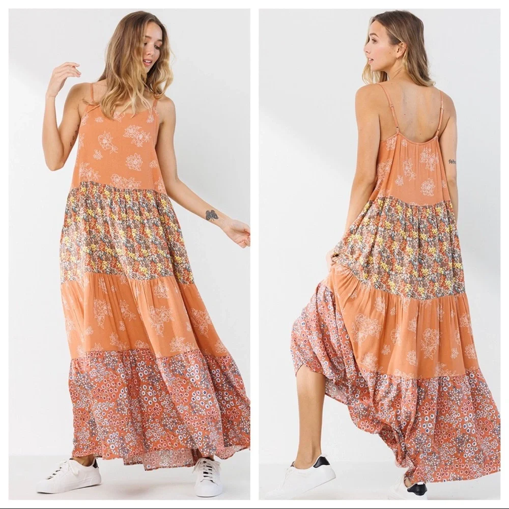 Boho Fabulous Floral Color Block Tiered Maxi dress - Picture 2 of 4